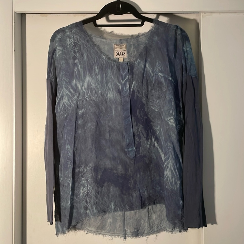 Go by Go Silk, blue, tie dye effect sheer blouse, size small